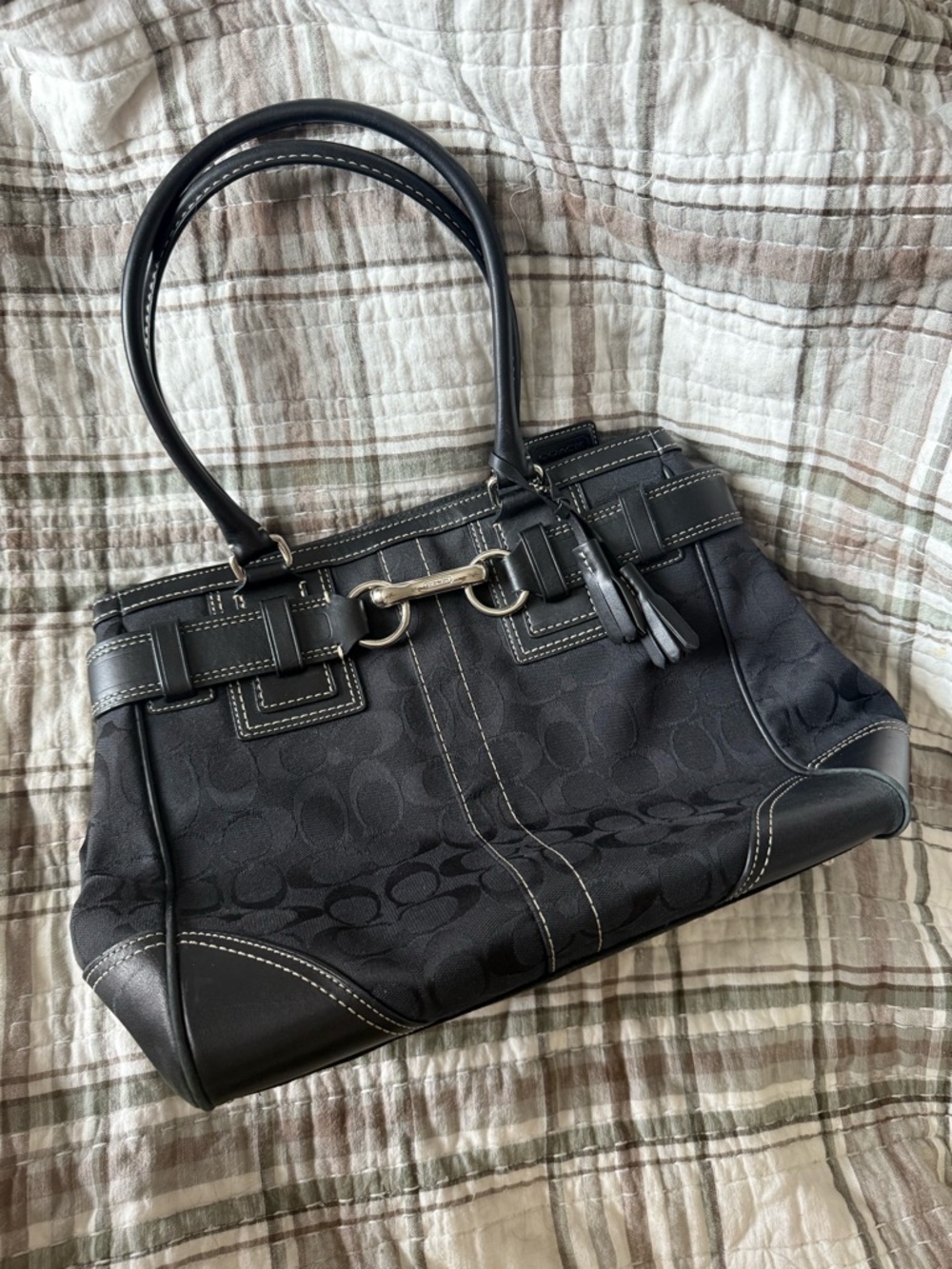 Coach Y2K Black Signature shoulder bag with Leather Trim